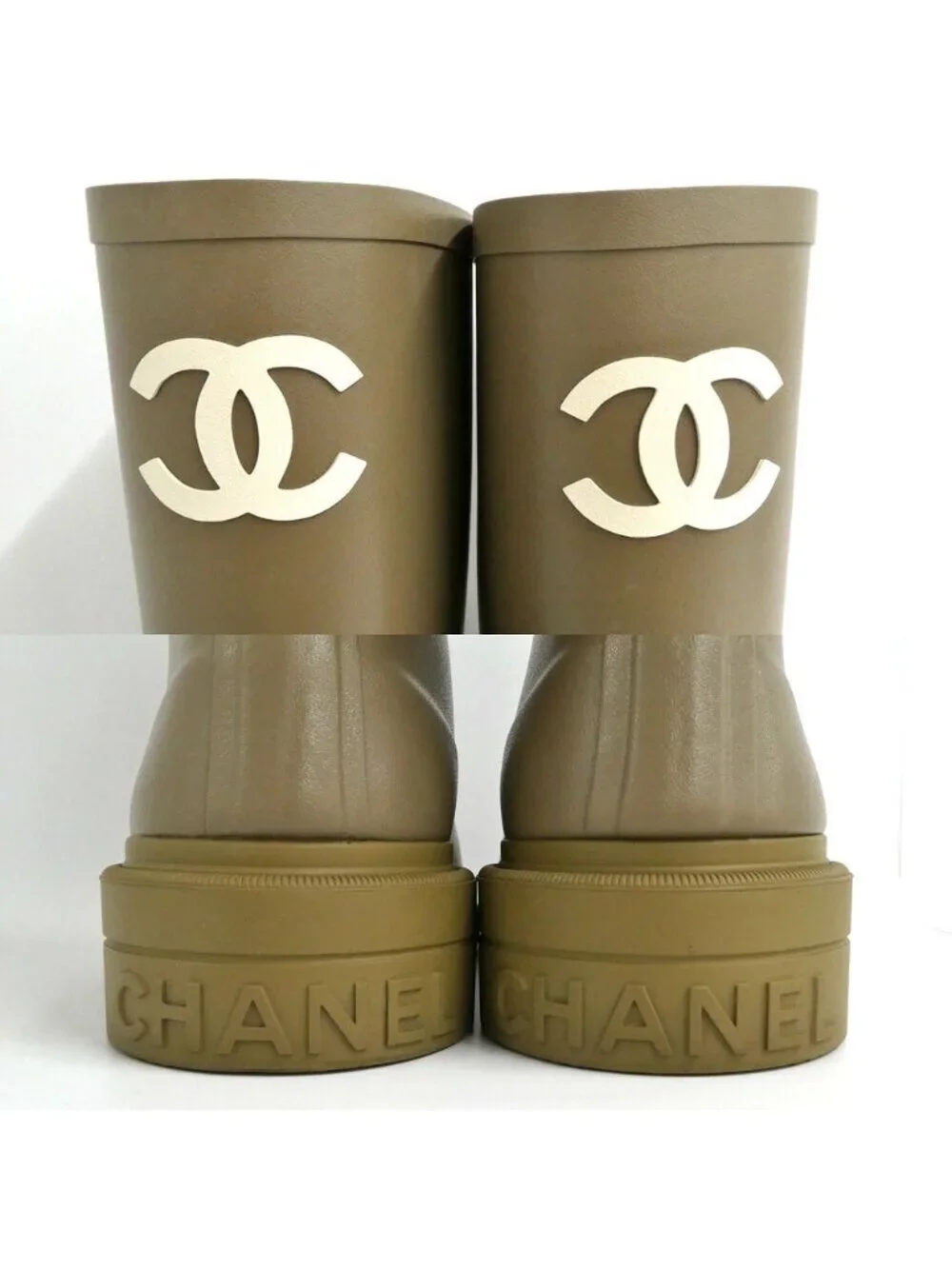 Chanel Lava Rain Boots Long 37 Dark Beige Khaki Shoes